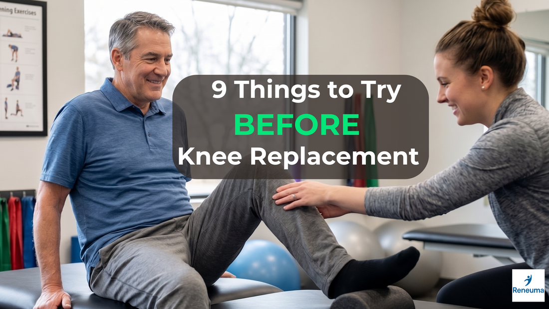 9 Things to Try BEFORE Knee Replacement Surgery - patient consulting with therapist in rehabilitation setting.