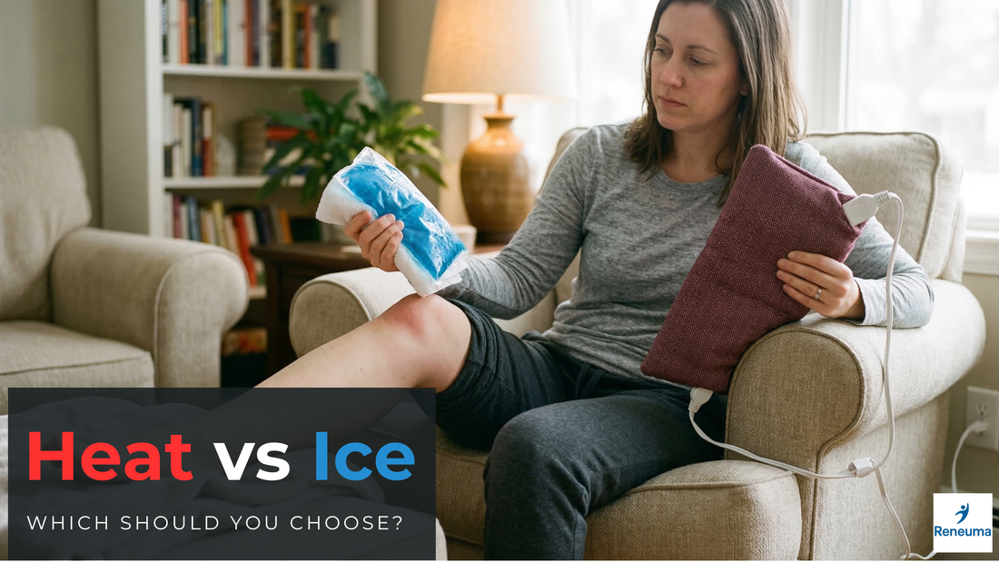 Heat vs Ice: Person comparing heat and ice for knee pain treatment options in a living room setting.