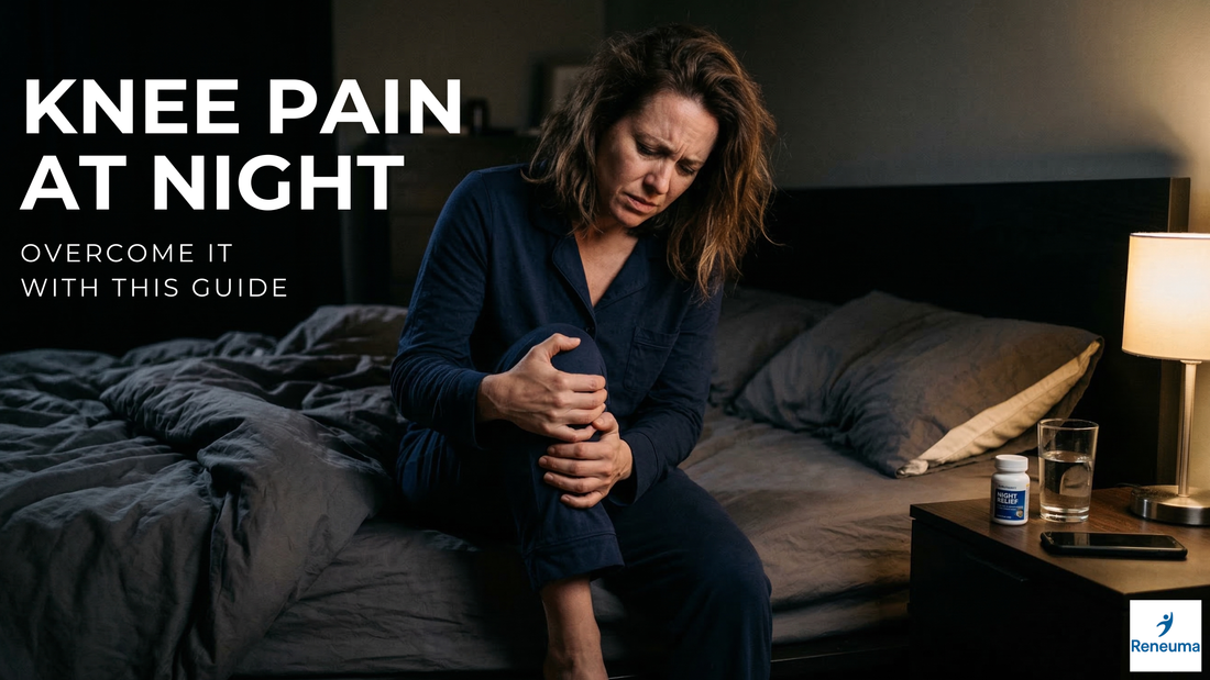 Knee Pain at Night Why It Happens and How to Finally Sleep Through It with a woman in bed holding her knee.