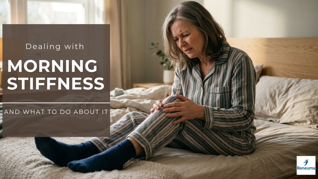Woman experiencing morning knee stiffness while sitting on a bed in pajamas, seeking relief through morning routine.